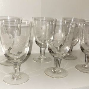 (6) Crystal Vintage Rose Etched Cordial Wine Glasses Set